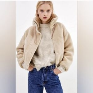 Zara Teddy jacket Boa Fleece Oatmeal Beige Zip Up